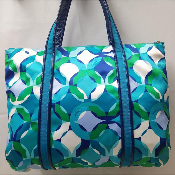 Coach Poppy Multicolor Canvas Leather Trim Zipper Pocket Tote Shoulder Bag - Picture 4 of 16